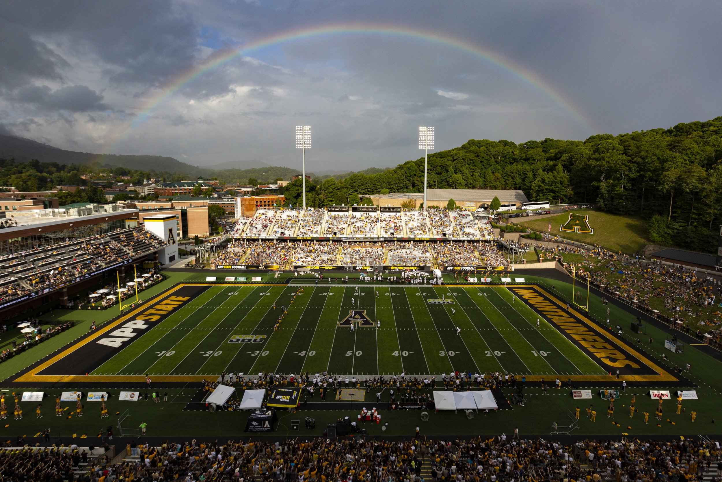  A rainbow appears over Kidd Brewer Stadium as Appalachian State takes on Elon University during the third quarter in Boone, N.C., on Saturday, September 18, 2021.  