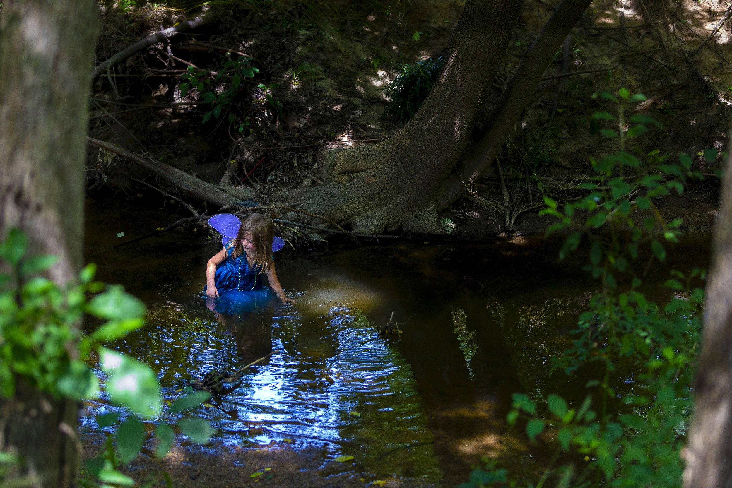  Riley Welborne, a five-year-old fairy, searches for hidden fairy treasure in North Buffalo Creek during the Summer Solstice Festival at the Greensboro Arboretum in Greensboro, N.C., on Saturday, June 19, 2021.   