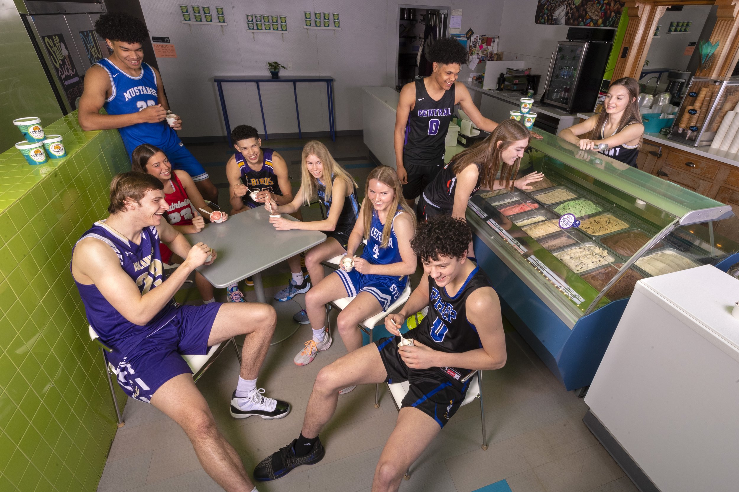  The ten super state players from all across Nebraska enjoy some ice cream at eCreamery for the Super-State hoops package, on March 22, 2022, in Omaha, Nebraska. 