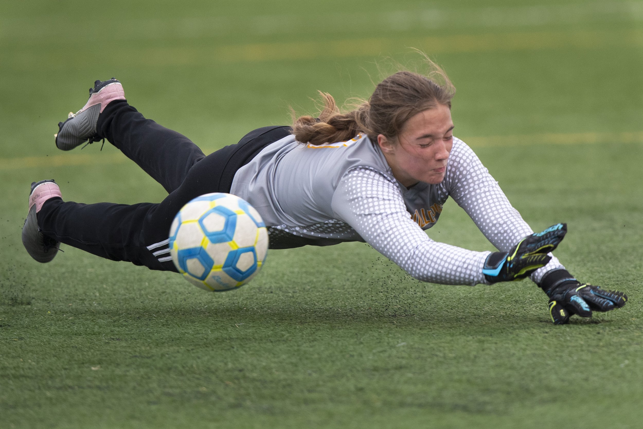  North Platte's goal keeper Emily Winkler dives after a shot attempt by Lincoln Southeast during the first half of the girls A-3 district championship match at Seacrest Field on May 4, 2022, in Lincoln, Nebraska. 