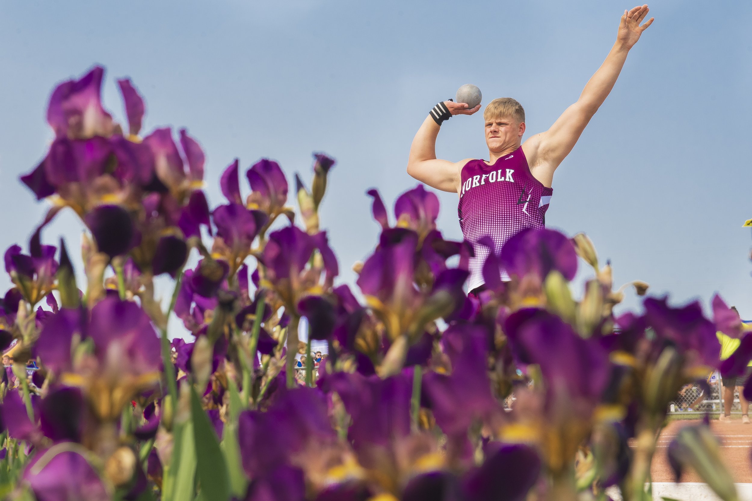  Norfolk's Jackson Bos prepares to throw during shot put warmups on the first day of the 2023 State Track and Field championships on Wednesday, May 17, 2023, at Burke Stadium in Omaha. 