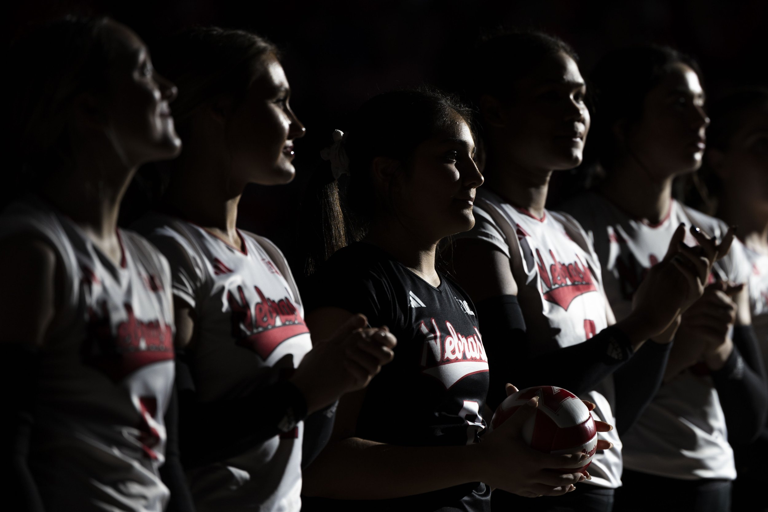  Nebraska players stand ready as the starting lineup is announced before taking on Penn State at the Devaney Sports Center, on Saturday, Oct. 14, 2023, in Lincoln. 