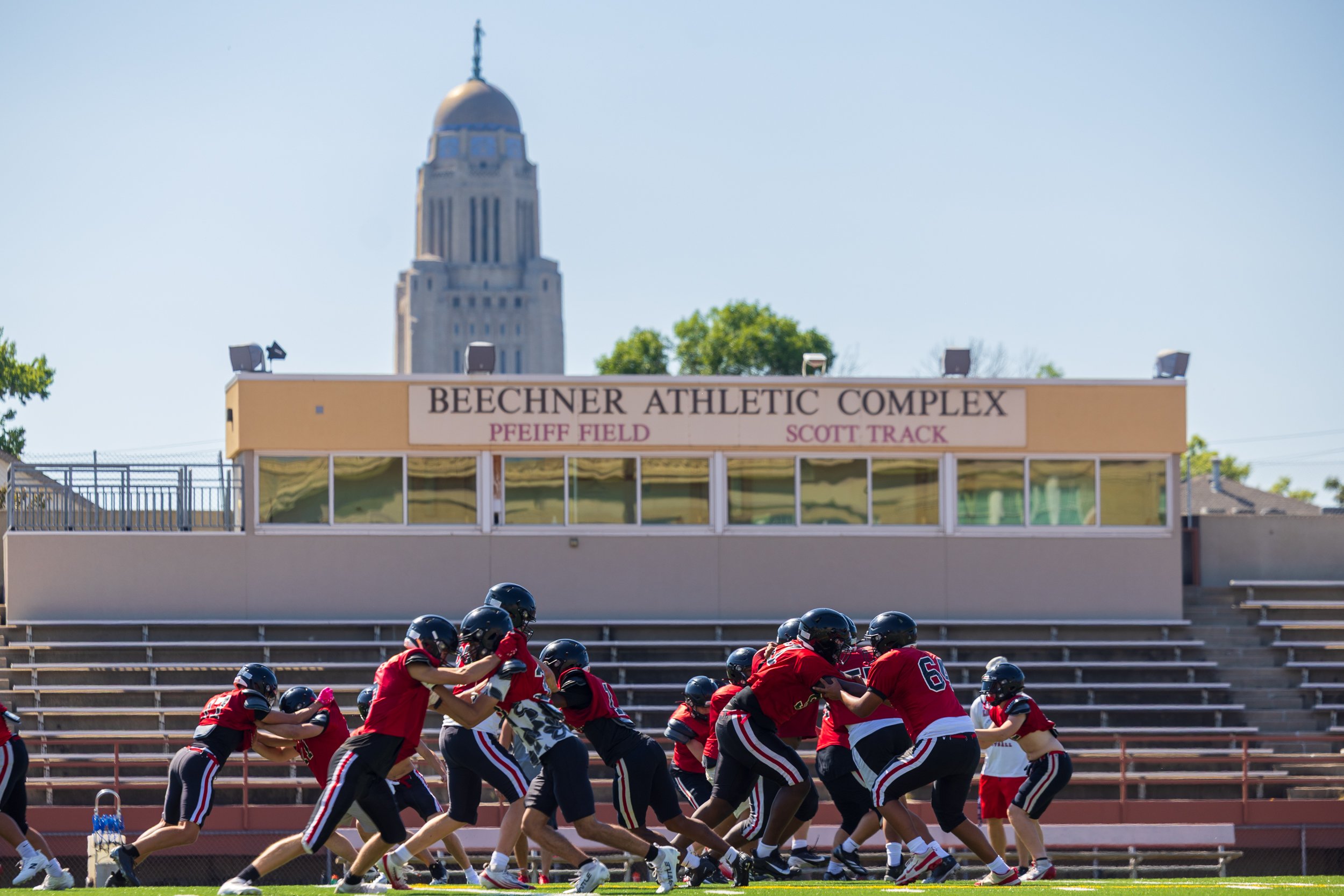 Lincoln High school players run through drills at Beechner Athletic Complex on Monday, Aug. 17, 2026, in Lincoln.