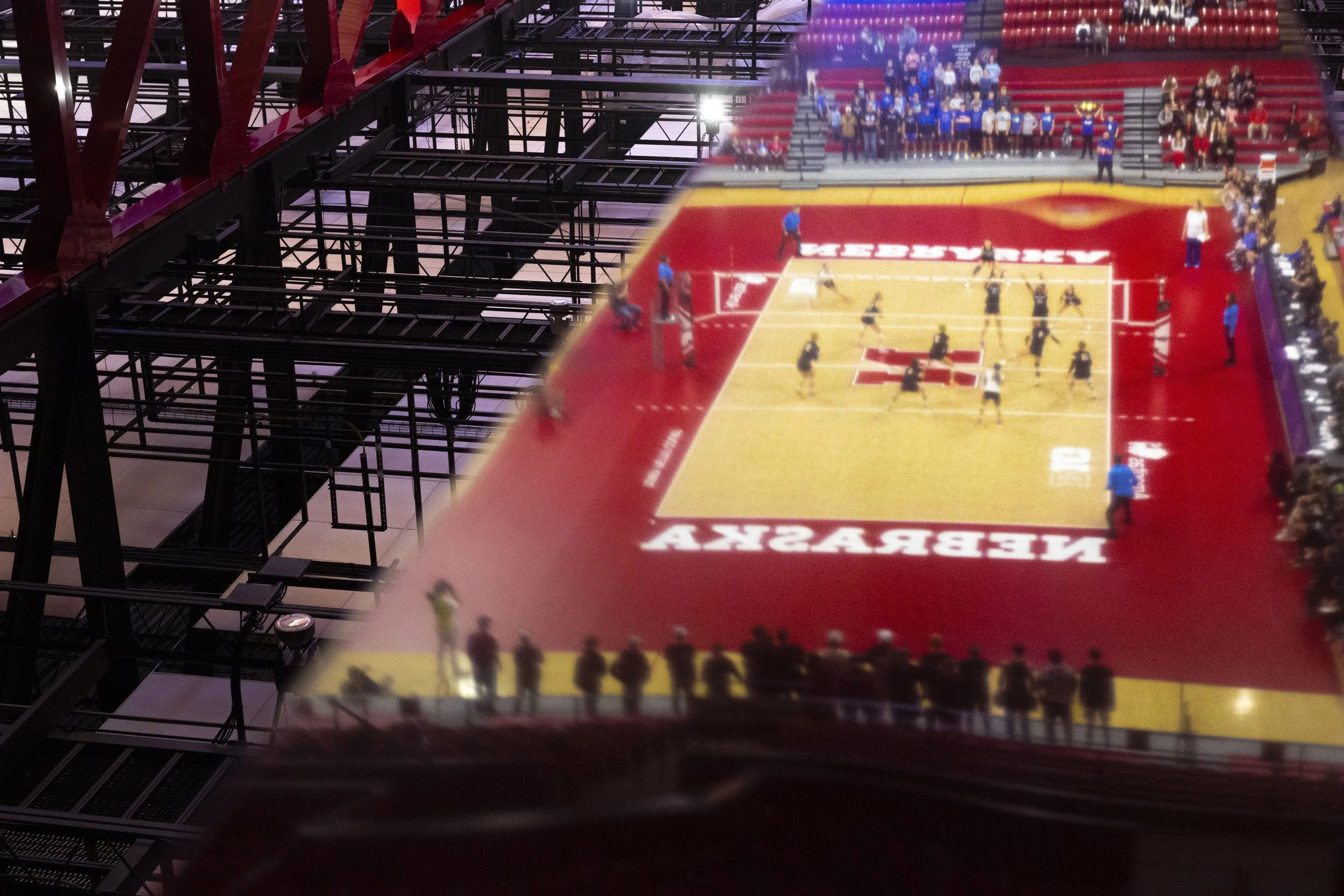 Reflected in a ceiling beam, Leyton takes on Shelton in the first set of the Class D-2 championship match Saturday, Nov. 22, 2025 at the Devaney Sports Center.