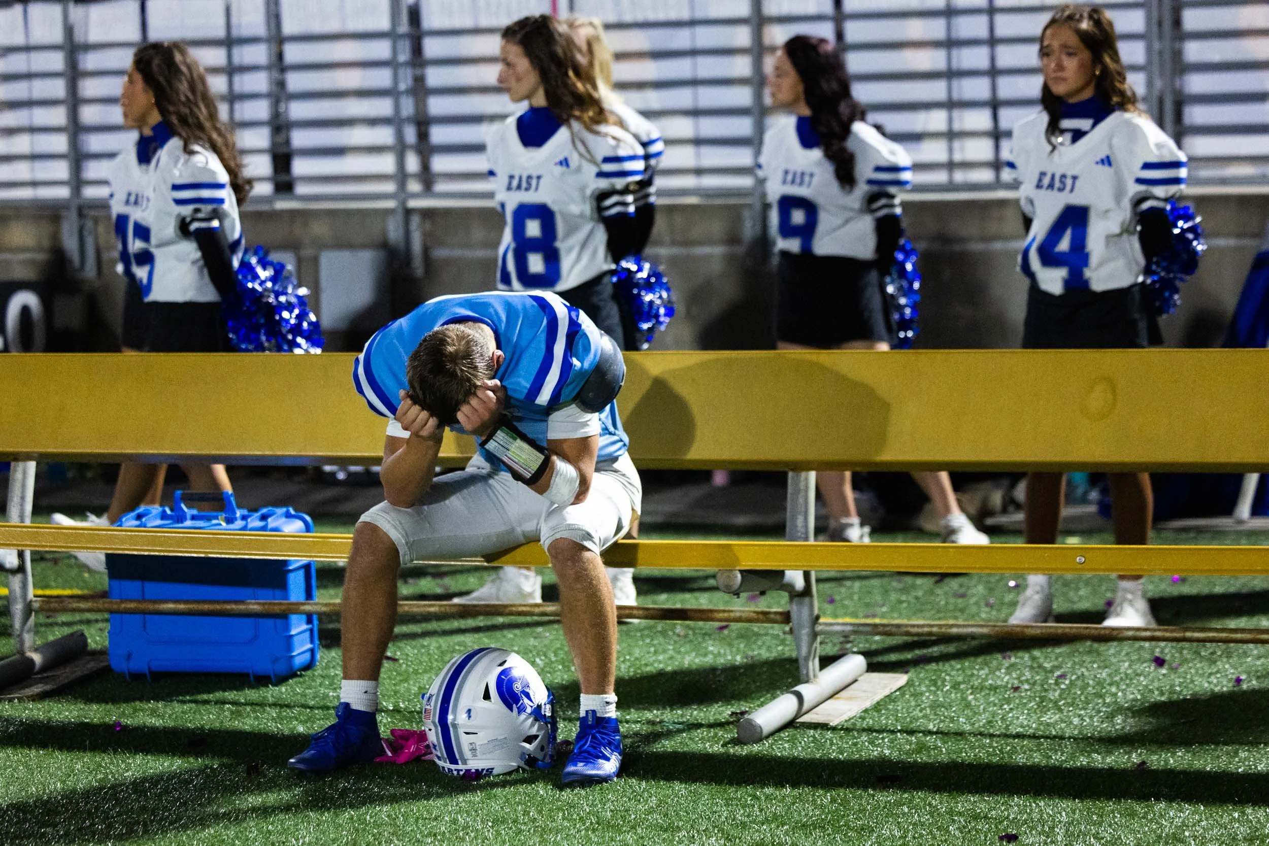 Lincoln East's Chase Cole (4) takes a moment to collect himself as the as the clock runs out in the second half on Friday, Oct. 9, 2026, at Seacrest Field. Lincoln Southwest defeated Lincoln East 27-7.