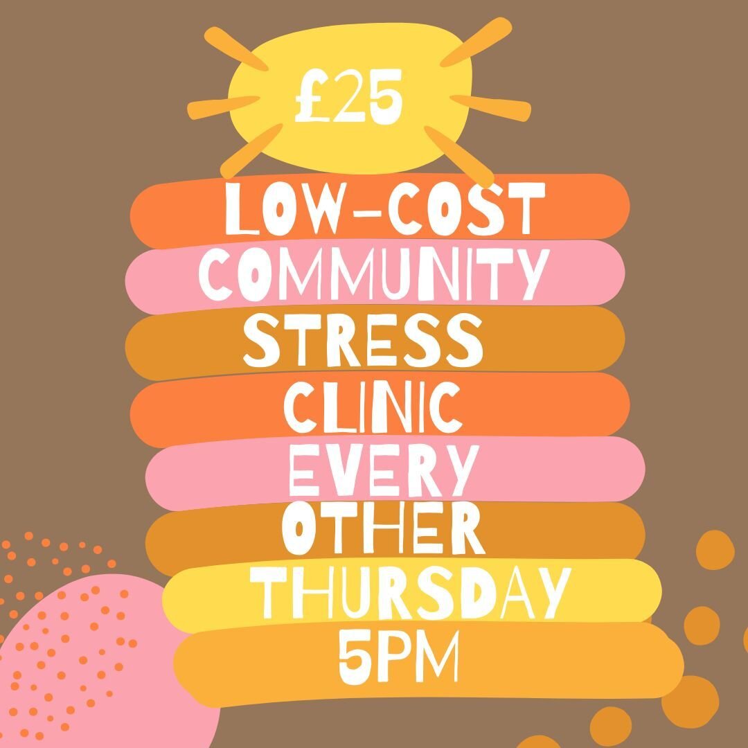 Shoulders up at your ears? 

Community Stress Clinic this Thursday 5pm

45 mins of pure relaxation for just &pound;25.

Come by yourself or bring a friend.

Leave feeling better.