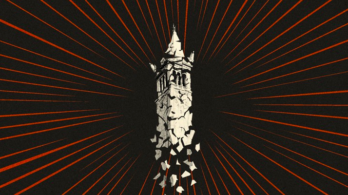illustration of a tower collapsing over a starburst