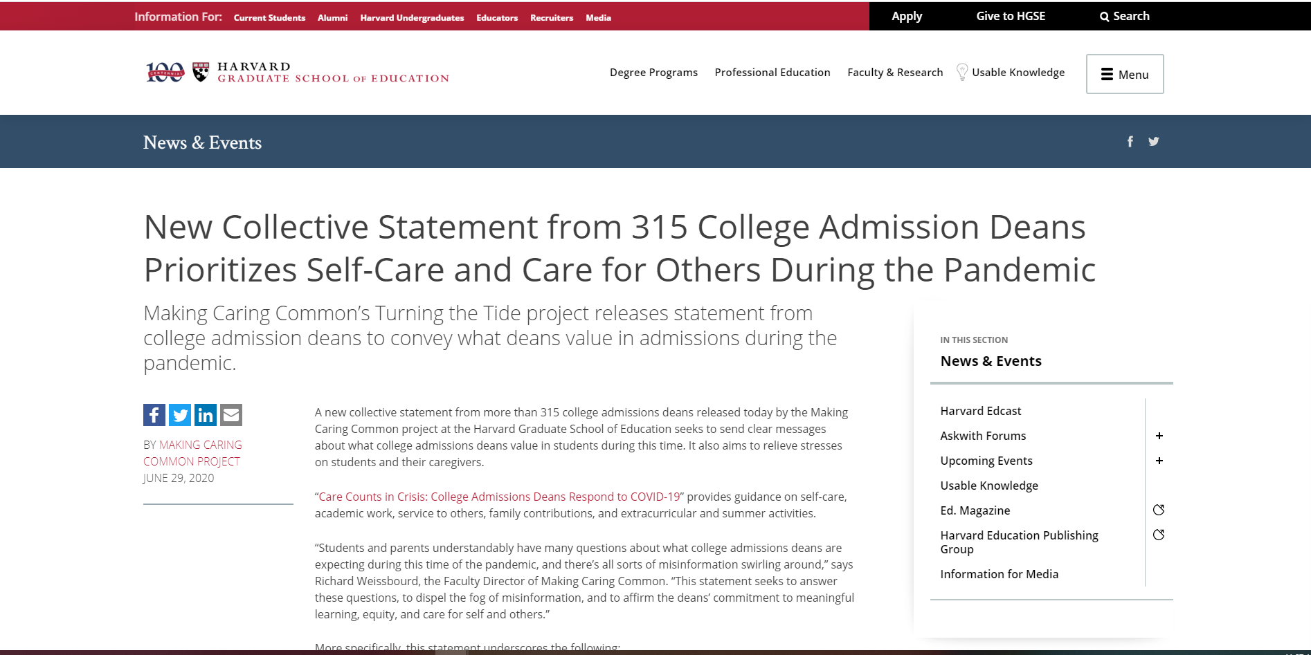 HGSE News: New Collective Statement from 315 College Admission Deans Prioritizes Self-Care and Care for Others During the Pandemic