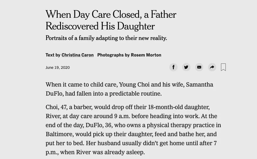 The New York Times: When Day Care Closed, A Father Rediscovered His Daughter