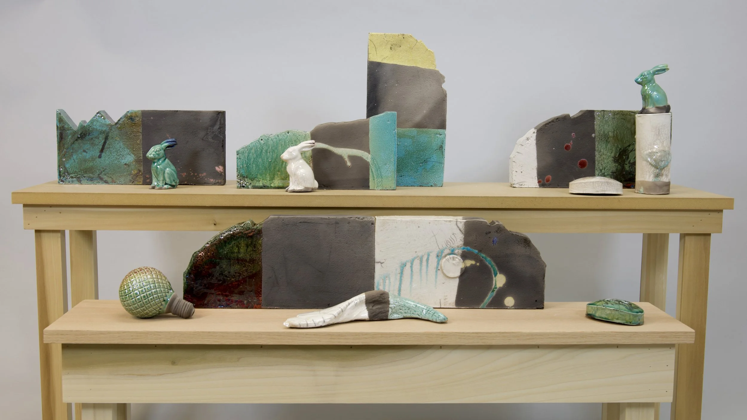 Ceramic Styrofoam Mountain Cut: C, A, L, But No M, 2022, slip cast porcelain, glaze, post-firing reduction. Dimensions variable.
