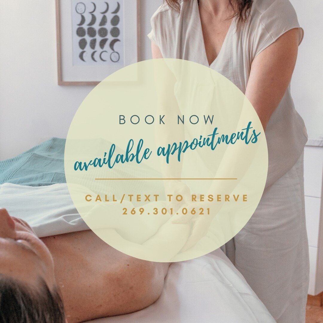 Our bodywork calendar is full until late April. See our availability below top book your appointment with Meagan or Gina!

Monday, 04.22: 1:30a w. Meagan
Wednesday, 04.24: 9:00a w. Gina
Wednesday, 04.24: 2:00p w. Gina

To book your spot, call 269.301