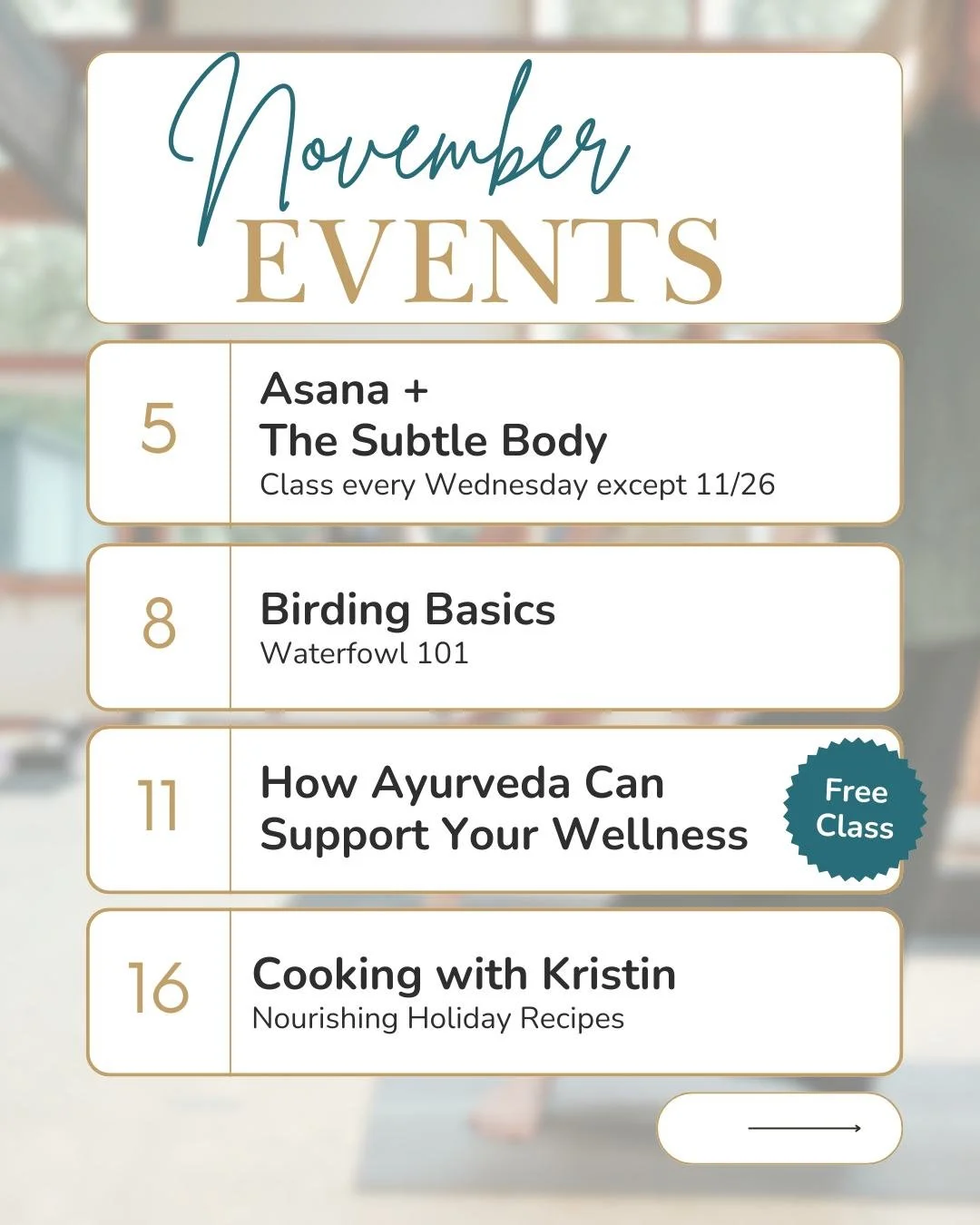 Find your calm before the holiday rush. Now is the time to look ahead, schedule your practices, plan for rest between celebrations (speaking of which, our anniversary party is this month!), and let intention lead your actions.
ㅤ
The Bhagavad Gita def