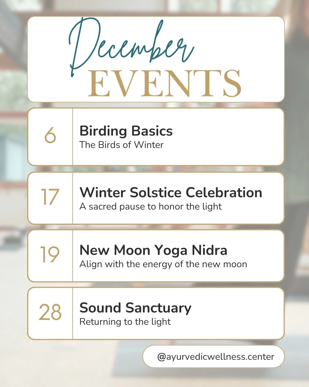 As we move toward the inward-turning season, we&rsquo;ve curated offerings to support your steadiness in a month that often accelerates. A Solstice eve of visioning, a New Moon Yoga Nidra, Sound Sanctuary, and a quiet morning of bird learning. Just t