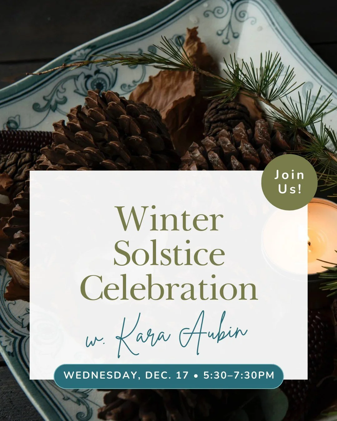 Join us on Wednesday, December 17, from 5:30&ndash;7:30pm for a nourishing Winter Solstice Celebration. An invitation of movement, breath, mantra, and community connection as we honor the longest night of the year and welcome the slow return of the l