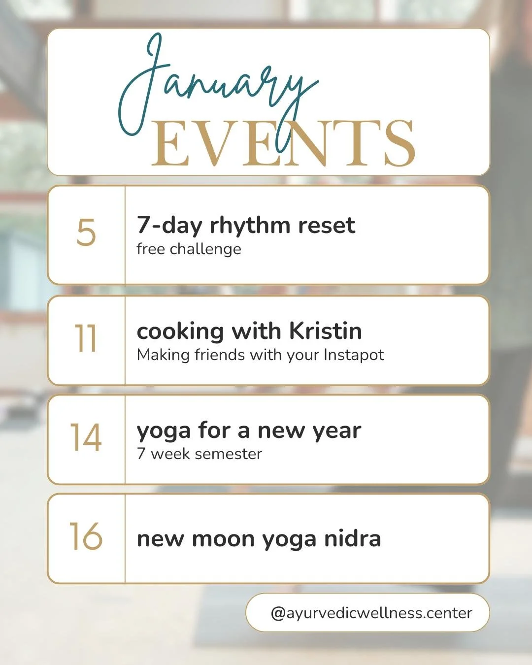 From learning to cook with your Instant Pot to exploring the foundations of Ayurveda, our January events offer plenty of ways to reset your routine and reconnect with Ayurvedic wisdom.

View our events by clicking the link in our bio.