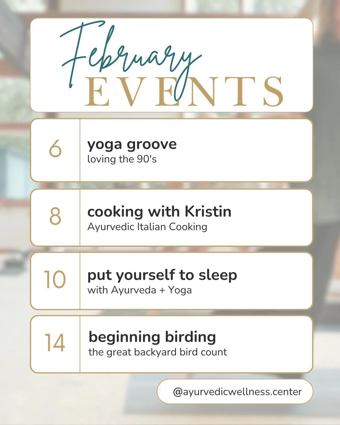 February at Ayurvedic Wellness Center.
ㅤ
Winter asks us to slow down, even when the world feels busy, heavy, or stressful. Our February events are designed to support deep rest, gentle renewal, and nervous system nourishment, helping you restore ener
