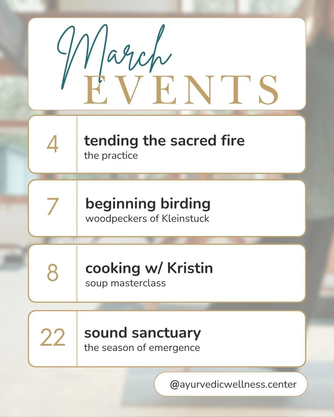 At Ayurvedic Wellness Center, March is a time of renewal, warmth, and awakening. As the days grow longer and the earth begins to bloom, we gather in community to honor the sacred rhythms of spring.
ㅤ
The Practice | Tending the Sacred Fire
Yoga &amp; 