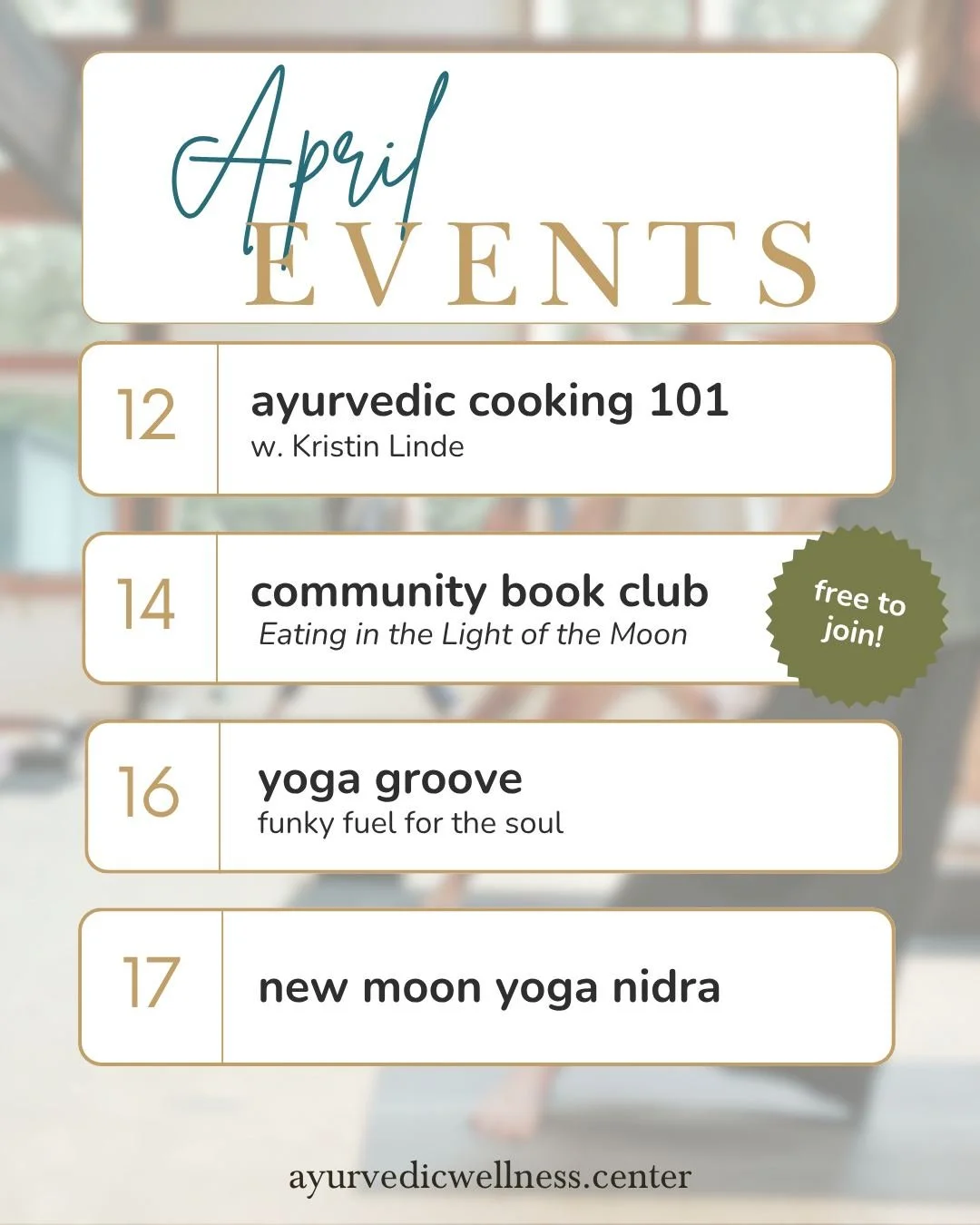 🌿 April is blooming with goodness, and we'd love to share it with you.
ㅤ
From learning to cook Ayurvedically (and affordably) to our new Nourish Circle Book Club and Connecting through Chanting + Meditation offerings, and everything in between, we h