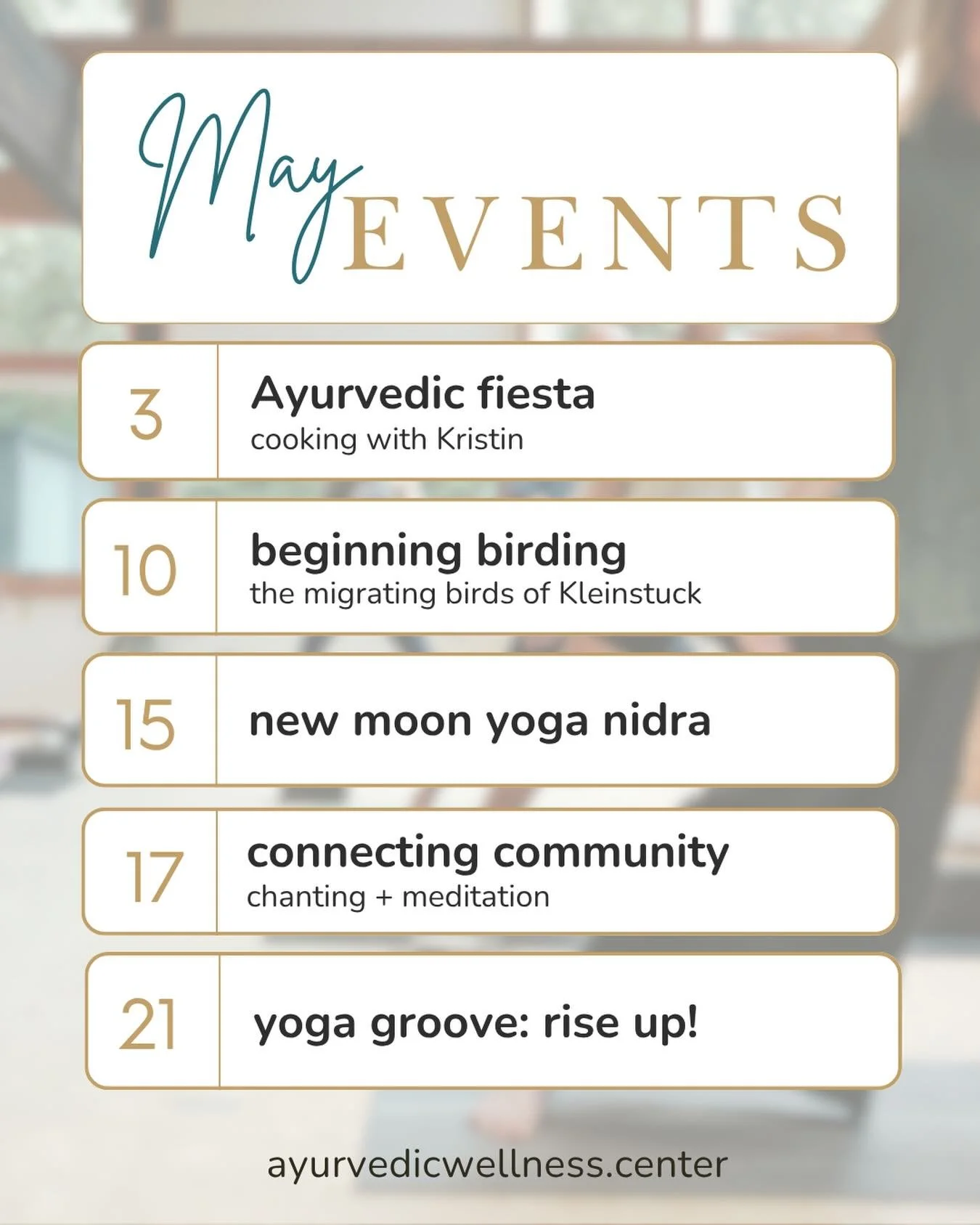 We have a beautiful lineup of events coming your way this May. Whether you are looking to go deeper in your practice, nourish your body, or simply connect with a like-minded community, we hope you will find something that calls to you. See what is co