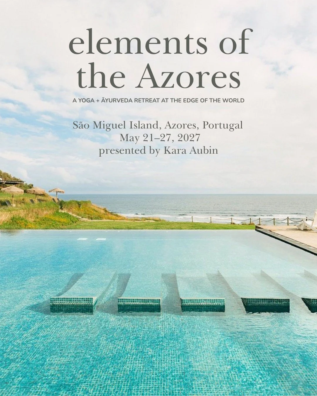 Journey to the edge of the world with us.
ㅤ
May 21-27, 2027. S&atilde;o Miguel Island, Azores, Portugal.
ㅤ
Elements of the Azores is a 7-day yoga and Ayurveda retreat where the five great elements are not theory. They are the landscape.
ㅤ
Swipe to se