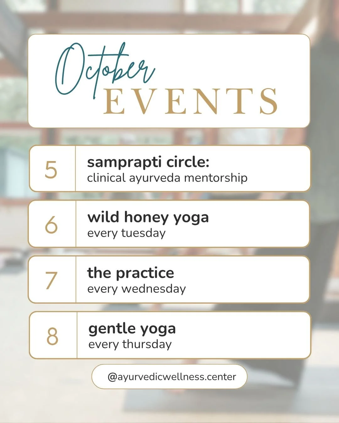 October is here. Time to settle in.
ㅤ
The Practice returns Wednesdays. Community Marma is new this month. And the full moon brings a Sunday morning of deep rest.
ㅤ
Swipe for dates. Register through the link in bio.
ㅤ
#Ayurveda #KalamazooYoga #Kalamaz