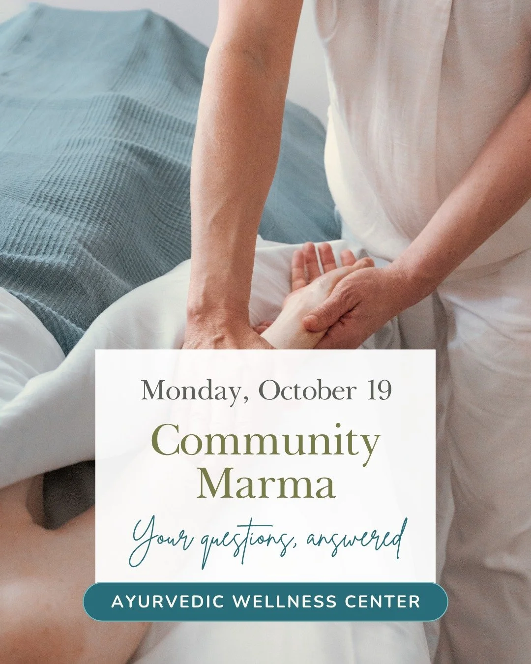Curious about Community Marma but not sure what to expect? You don't need to know anything about Ayurveda to come, and you stay fully clothed the whole time. There's no set appointment, so you can arrive anytime between 6:00 and 7:20 PM on Monday, Oc