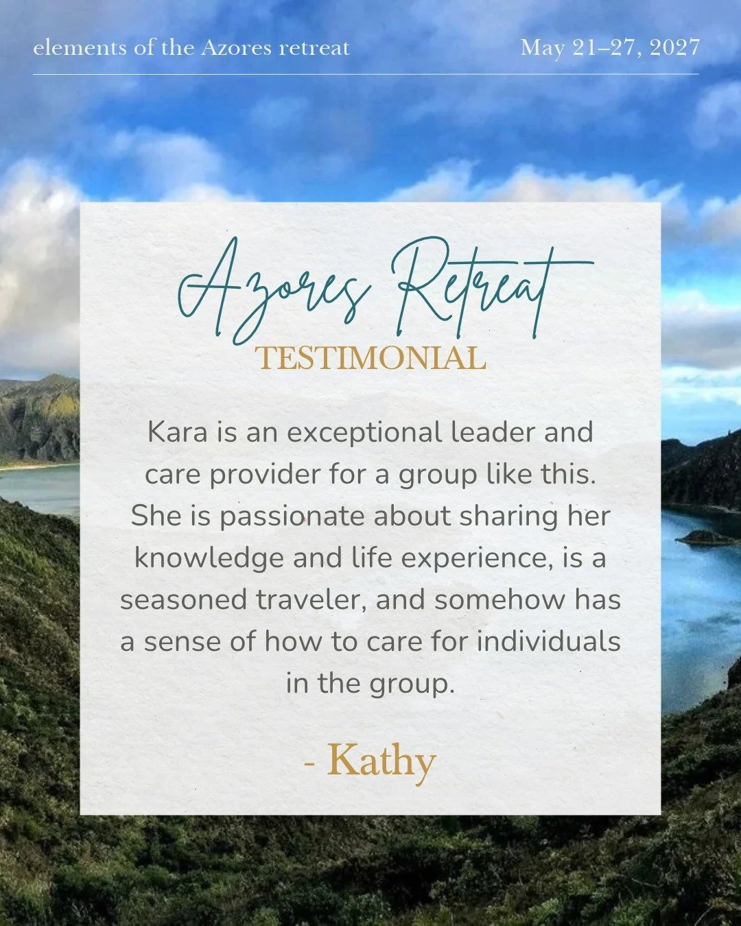 "Kara is an exceptional leader and care provider for a group like this. She is passionate about sharing her knowledge and life experience, is a seasoned traveler, and somehow has a sense of how to care for individuals in the group."
&mdash;