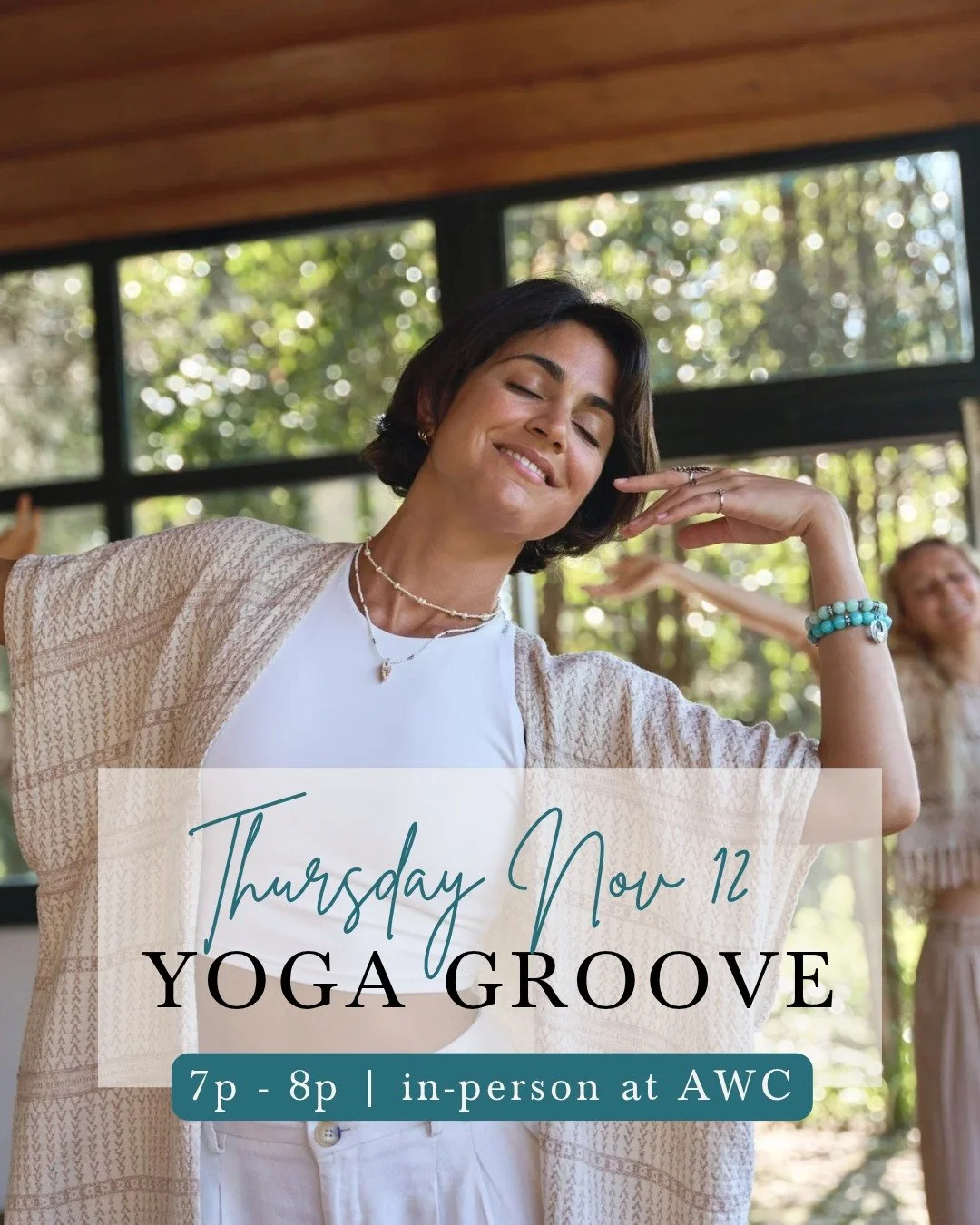 No right way. Just move.
ㅤ
Yoga Groove is a chance to shake off the day, let the music carry you, and remember the joy of being in your body. You'll leave lighter, looser, and a little more yourself.
ㅤ
Thursday, November 12
7:00 to 8:00 PM
ㅤ
Save you