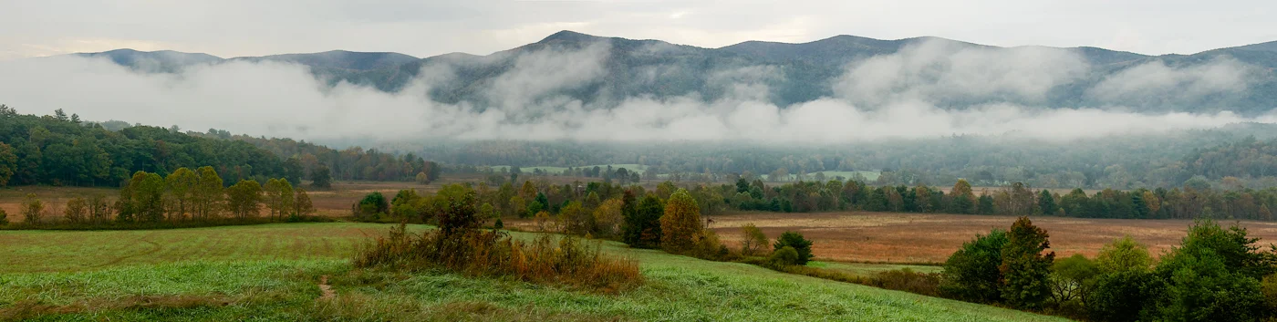 Panorama of a foggy morning.