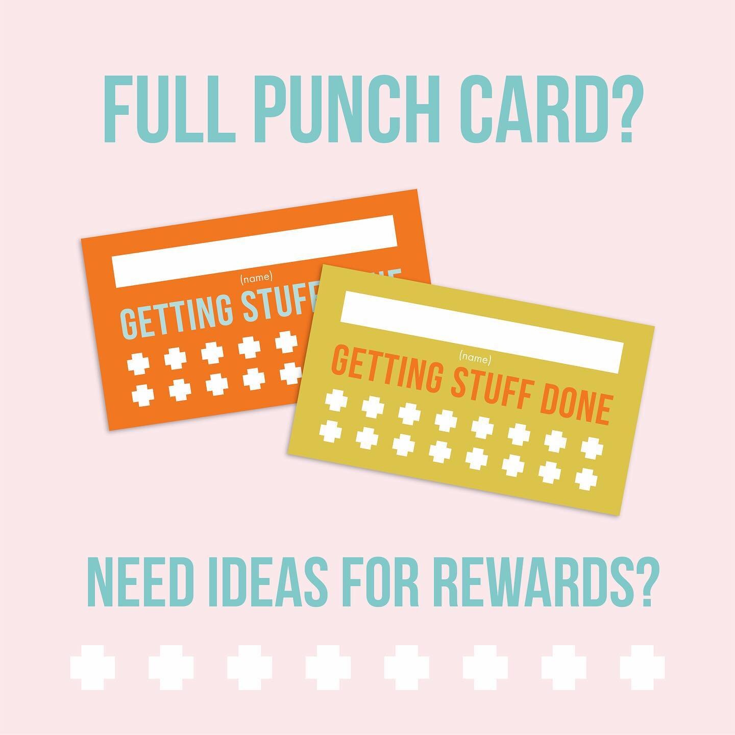 So once you have a full punch card, then what? Here are a few suggestions for free, cheap, and a bit more pricey rewards to stock your prize box with. (My prize box is a Christmas gift bag, btw.) All of these suggestions are for kids and teens, but w