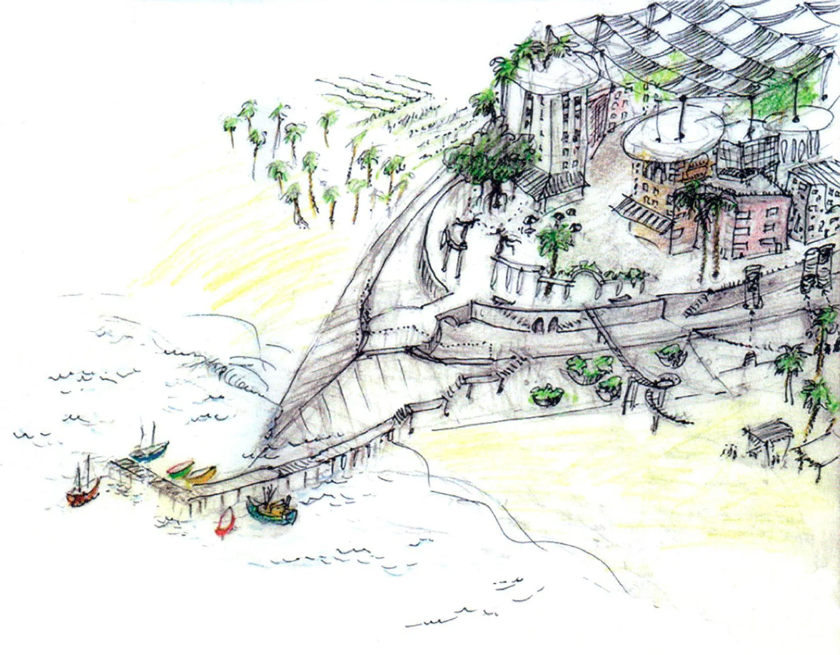 A coastal ecovillage on an elevated platform, shaped to divert wave energy during storm events