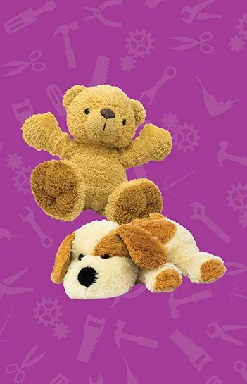 Two plush stuffed animals, a teddy bear and a dog, set against a purple background with toy tool illustrations.