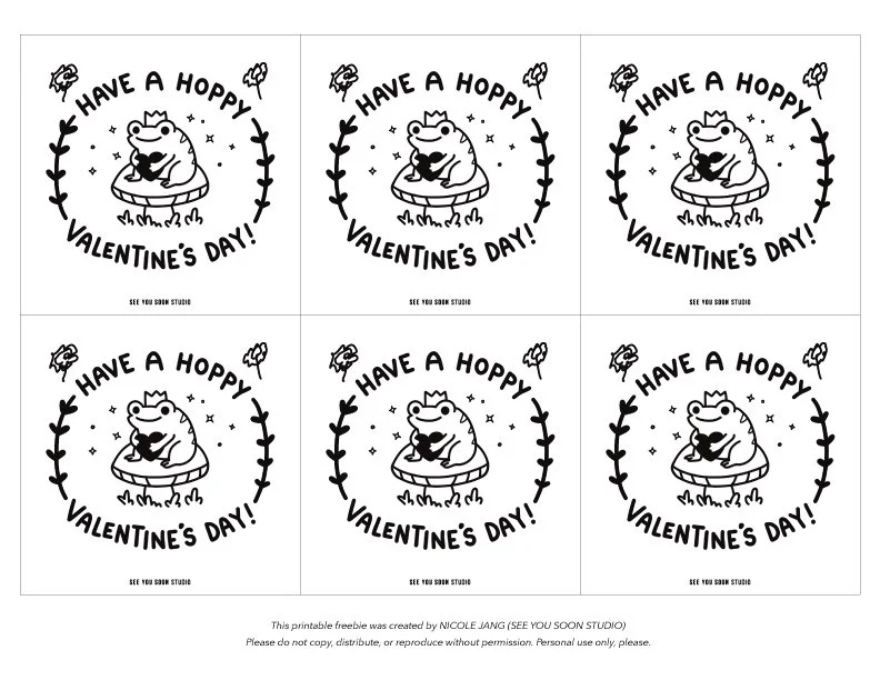 Six black-and-white valentines with cartoon frogs on lily pads, surrounded by hearts and flowers, with the message "Have a hoppy Valentine's Day!" in a circle.