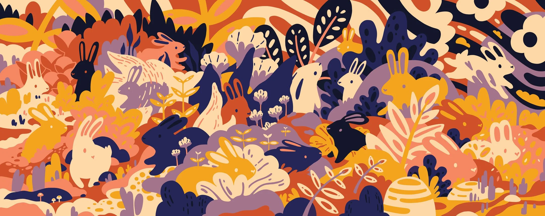 Six small paper art pieces with abstract floral and animal designs on a bright orange background.