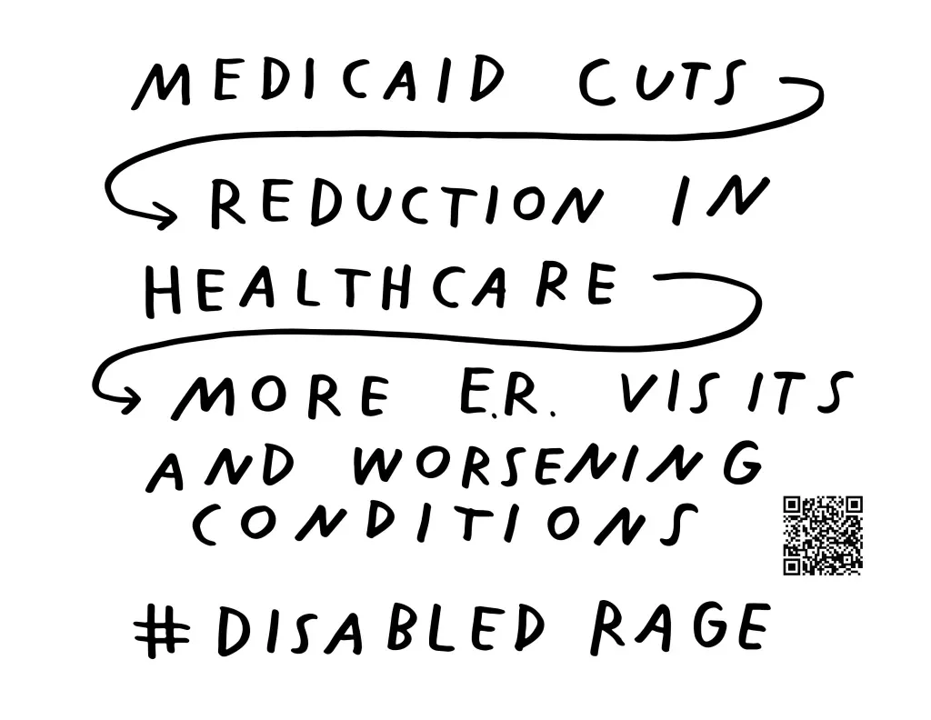 Graphic by me with a white background and black text. Below is a QR code and hashtag #DisabledRage. Text reads, MEDICAID CUTS [arrow] REDUCTION IN HEALTHCARE [arrow] MORE E.R. VISITS AND WORSENING CONDITIONS