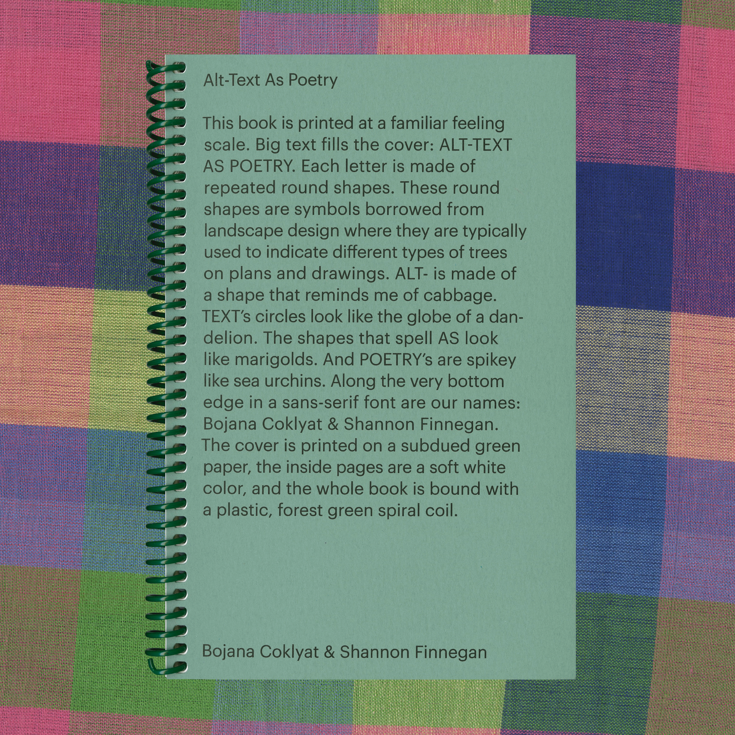The same book sits on a new madras patterned surface. It has text describing the cover of the book and the authors are listed at the bottom: Bojana Coklyat and me.