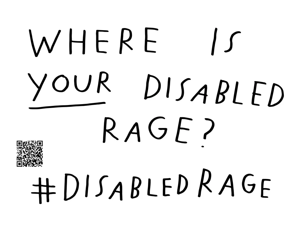 Graphic by me with a white background and black text. Below is a QR code and hashtag #DisabledRage. Text reads, WHERE IS YOUR DISABLED RAGE?