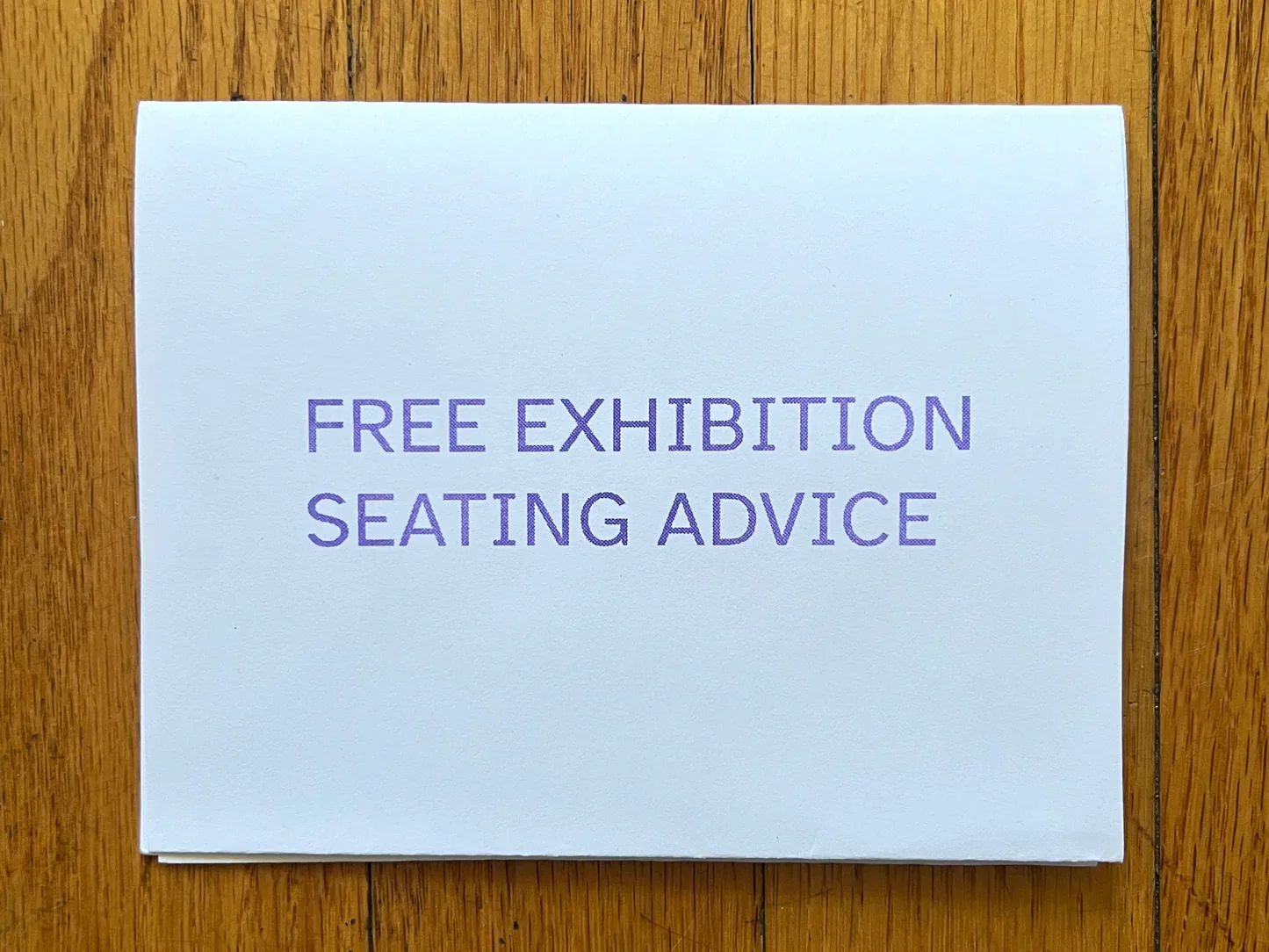 A light blue poster fold zine on a wooden surface.  The zine is titled FREE EXHIBITION SEATING ADVICE in a darker blue san serif font.