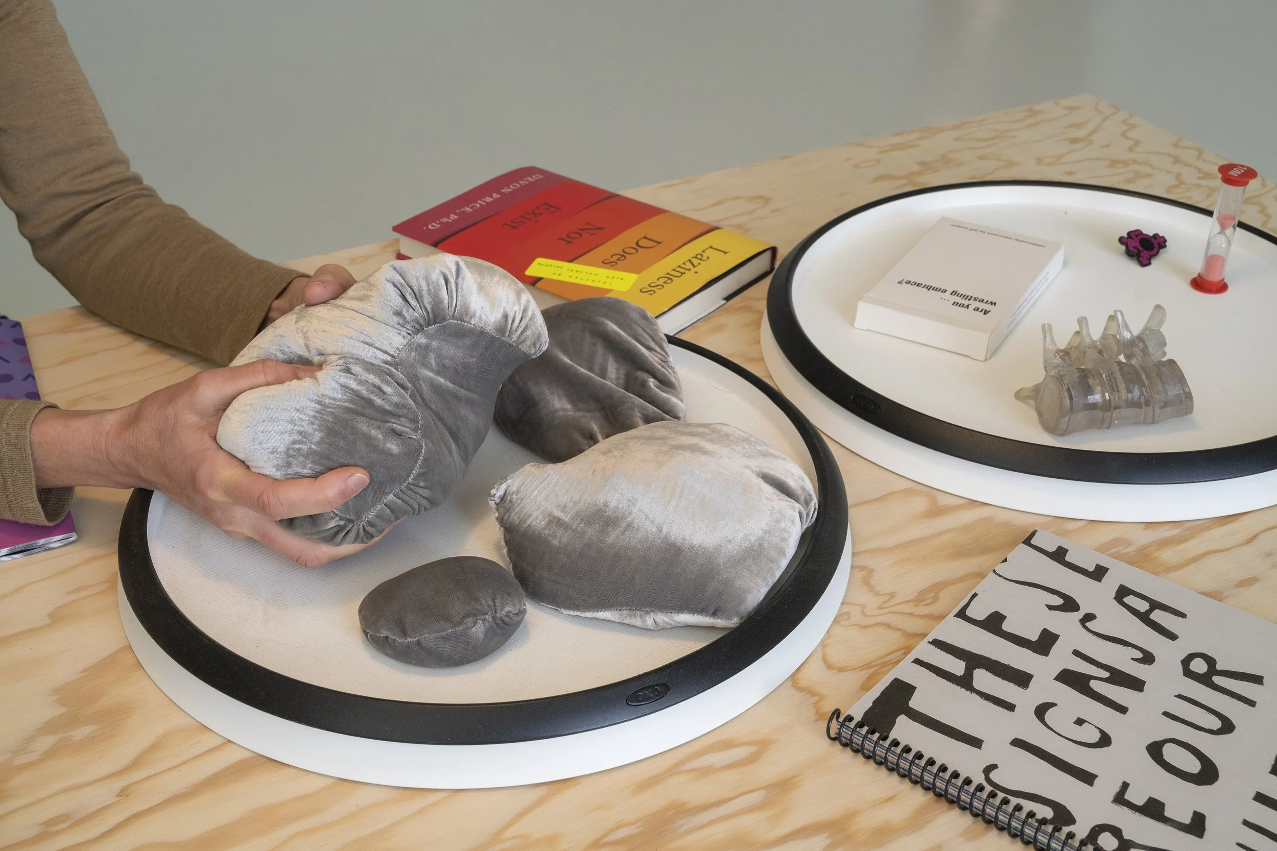 Close-up of a table. Two white hands hold a velvet stone on a lazy Susan. Another lazy Susan holds a card deck, a 3D-printed vertebrae, and a QUEERCRIP pin. Nearby are two books on the table.