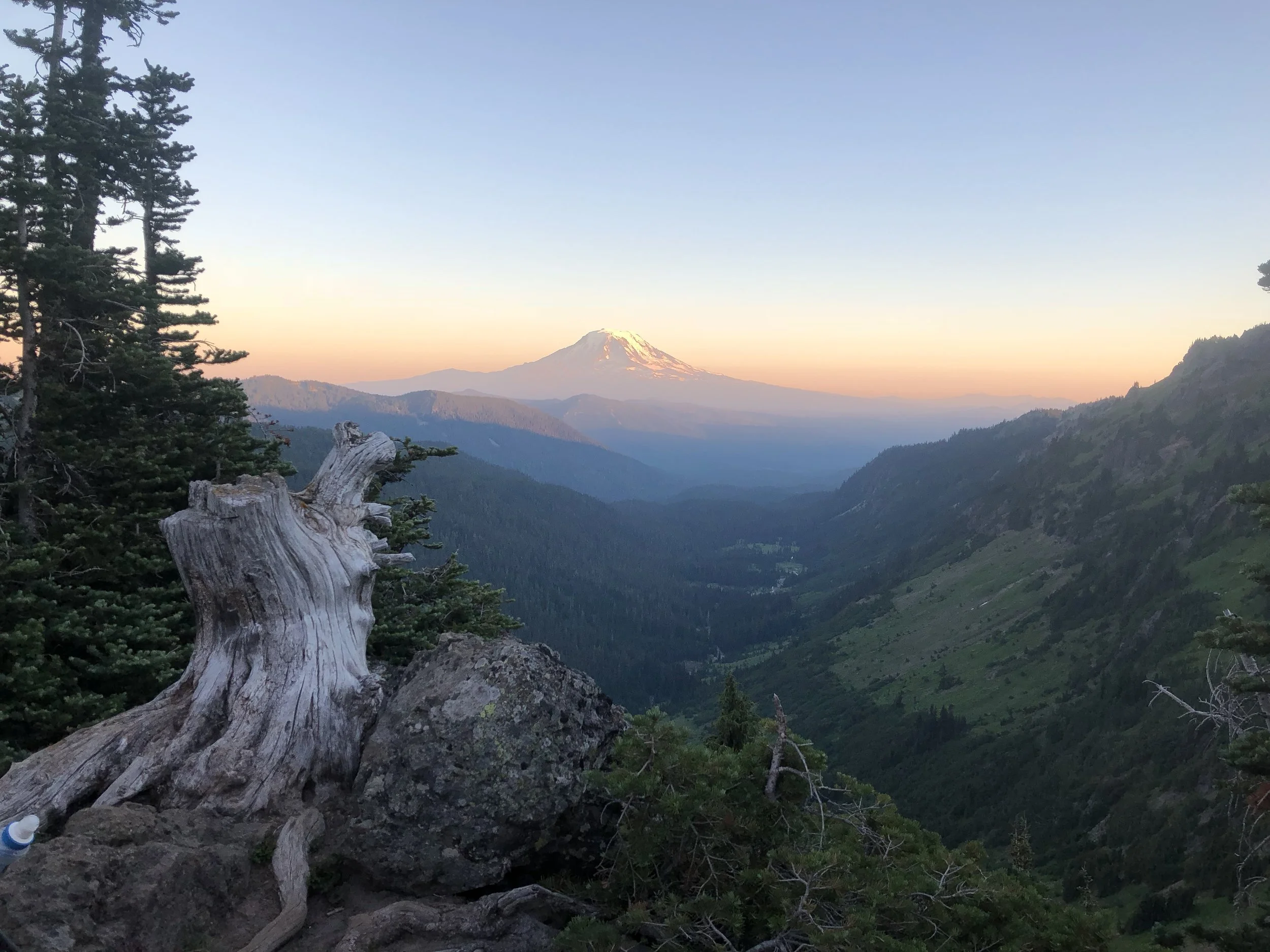 Sunset in camp, with the valley below.