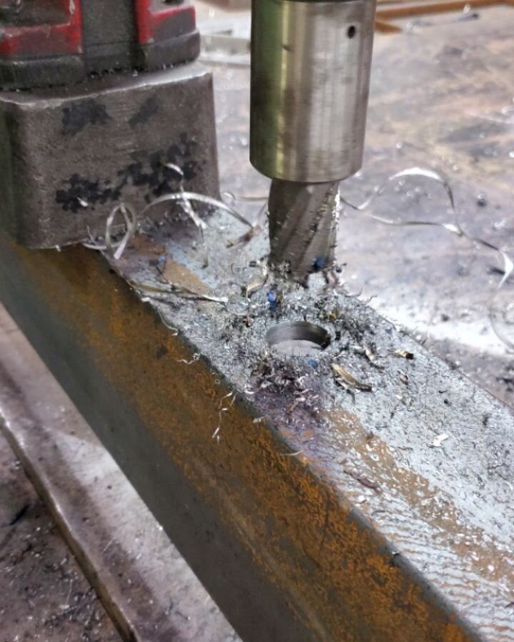 Using a Hougen bit to drill through some 3/8 angled steel