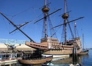 Full-scale replica of Mayflower, Mayflower II, on display in Plymouth Harbor, Massachusetts