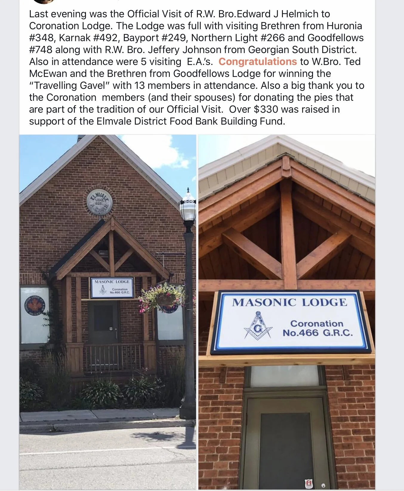 Over $330 raised last evening at the Coronation Lodge Official Visit and Pie Night