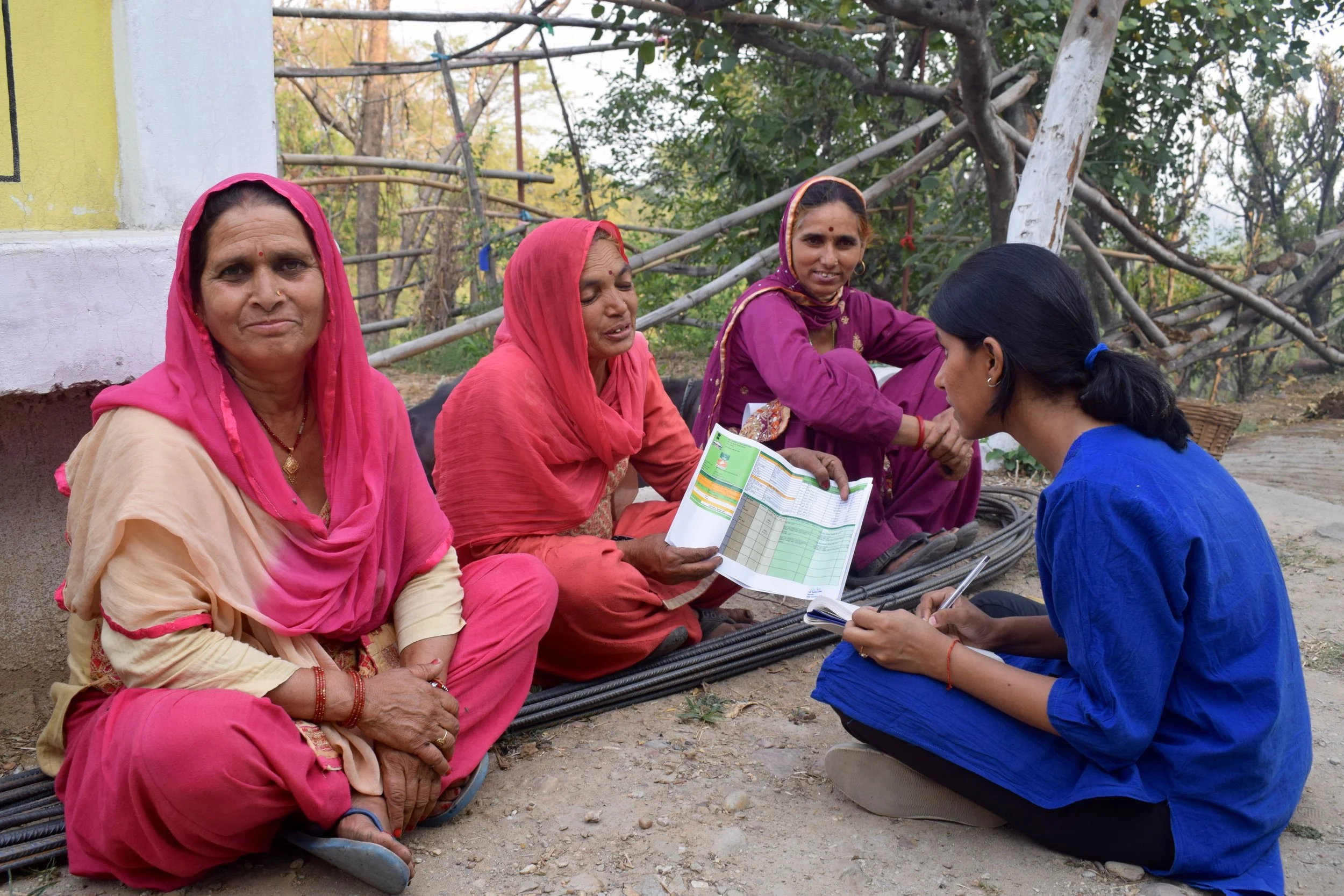 Female farmers share their views on India’s Soil Health Card Scheme with IDinsight Manager Rupika Singh as a part of data collection for NITI Aayog’s Aspirational Districts program.