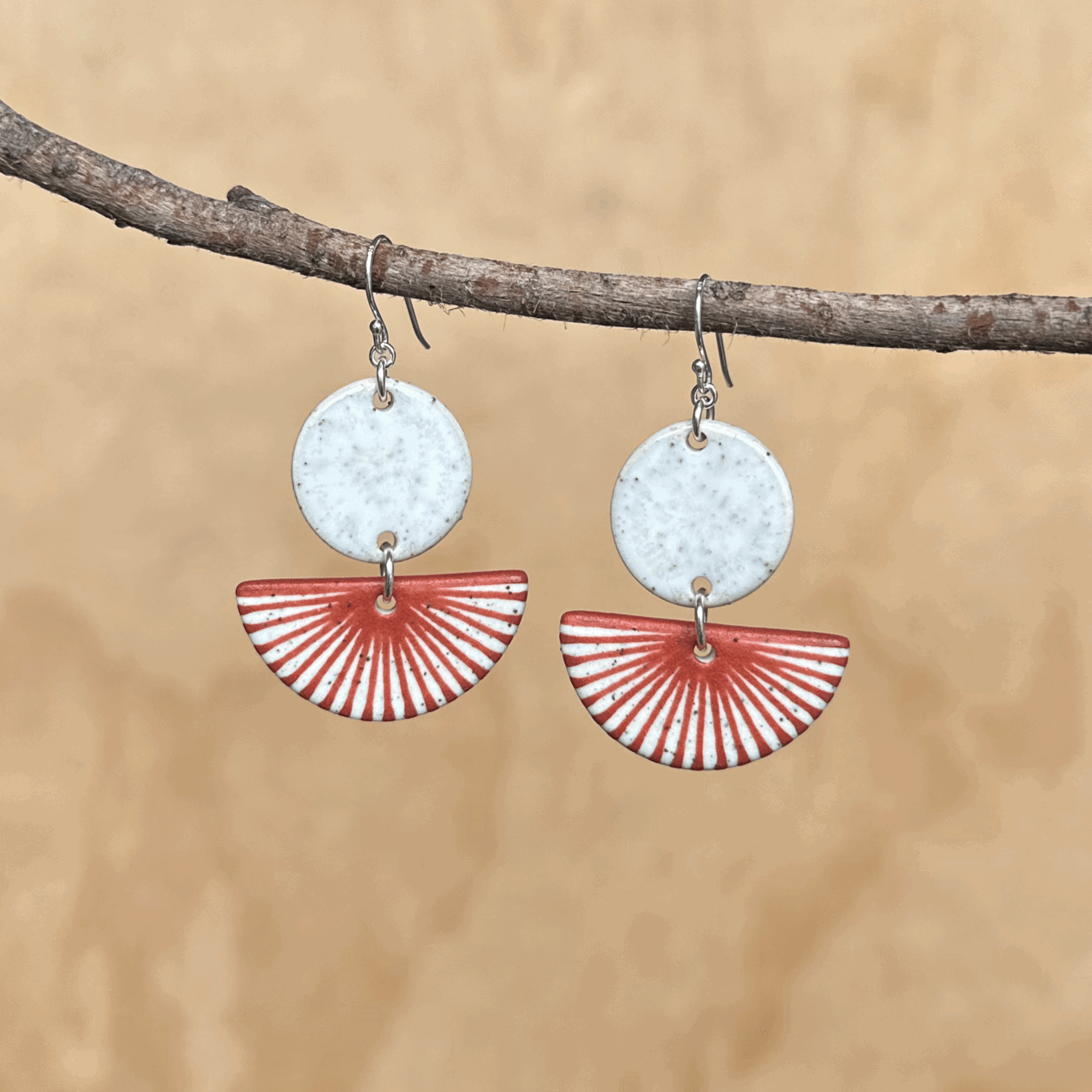 Ceramic Earrings, Crisp Red Fans