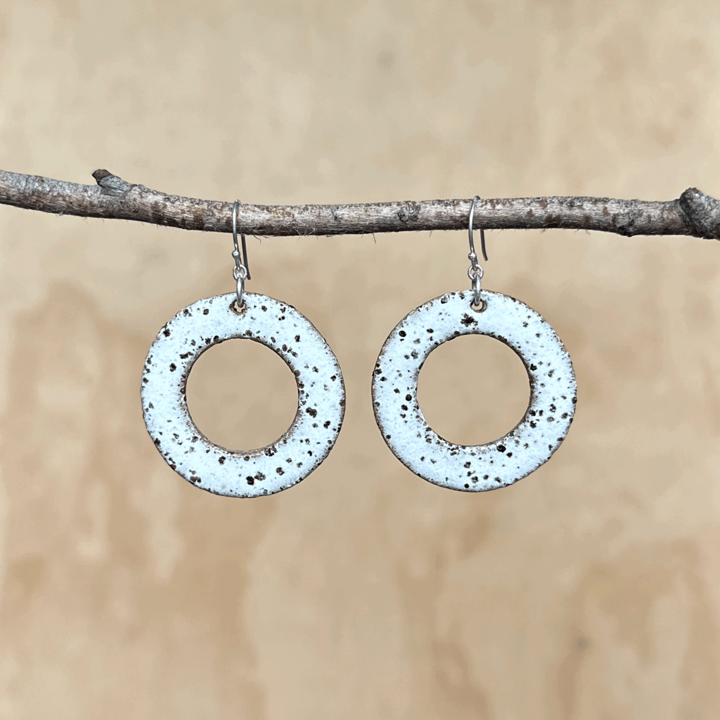 Ceramic Earrings, White Speckled Hoops