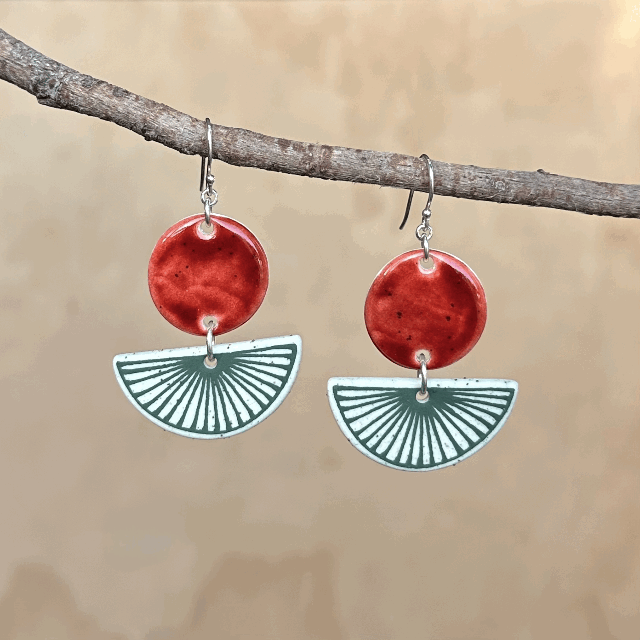 Ceramic Earrings, Deep Red Fans