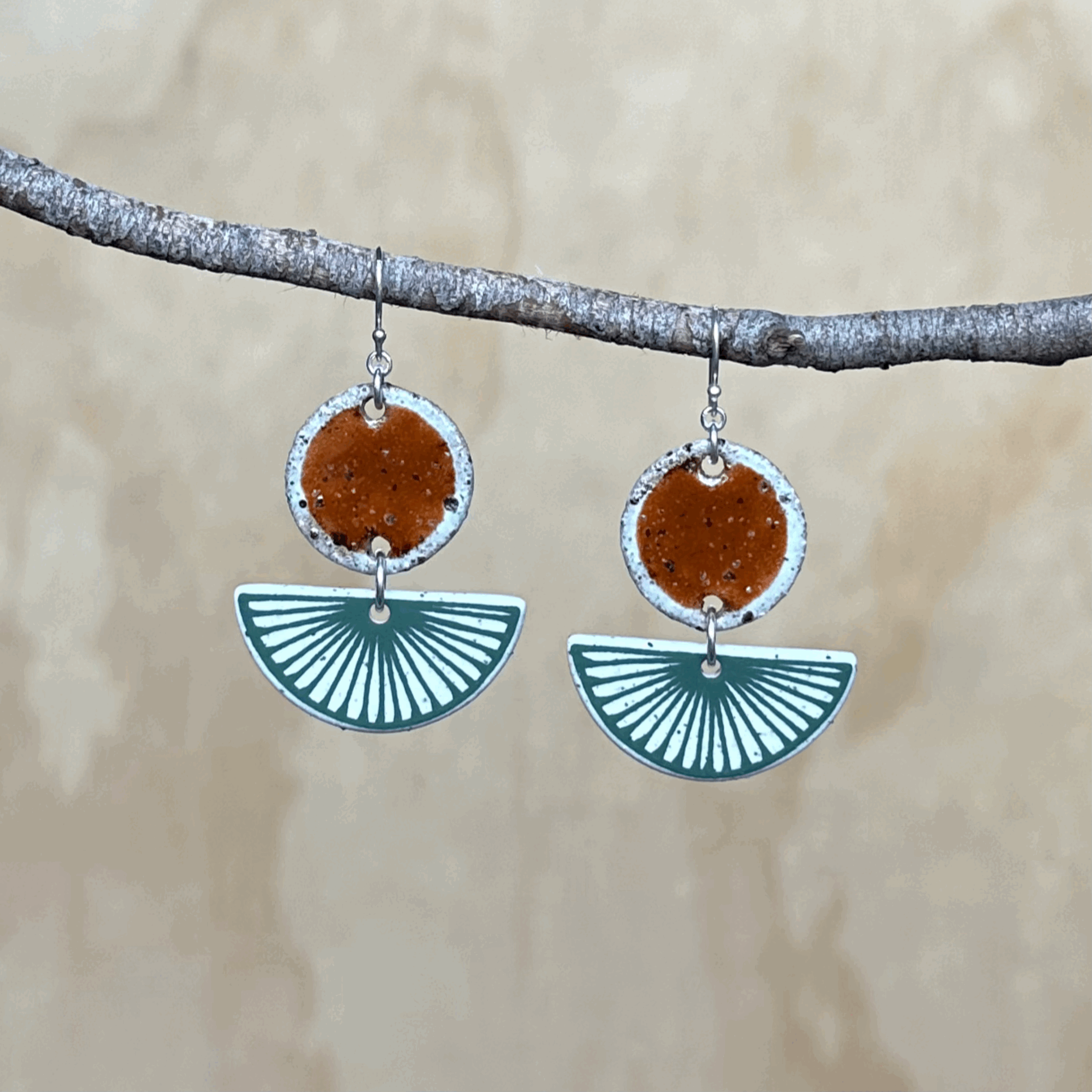 Ceramic Earrings, Textured Green Fans