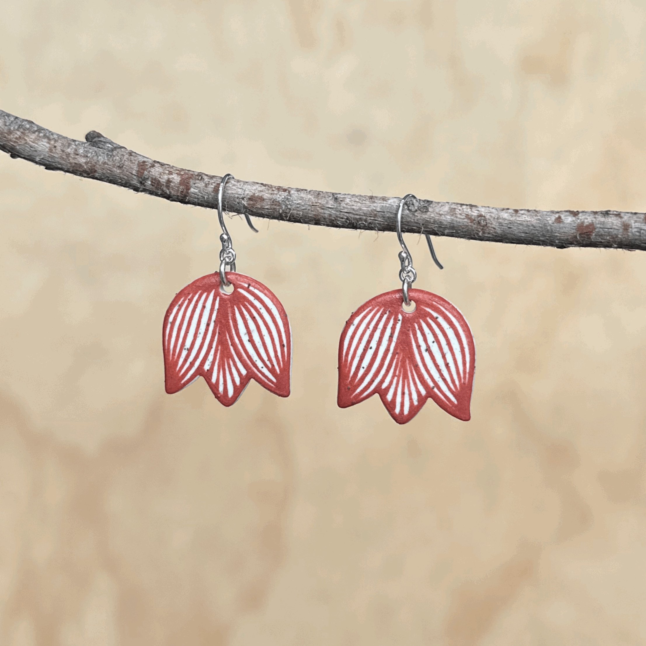 Ceramic Earrings, Red Speckled Tulips