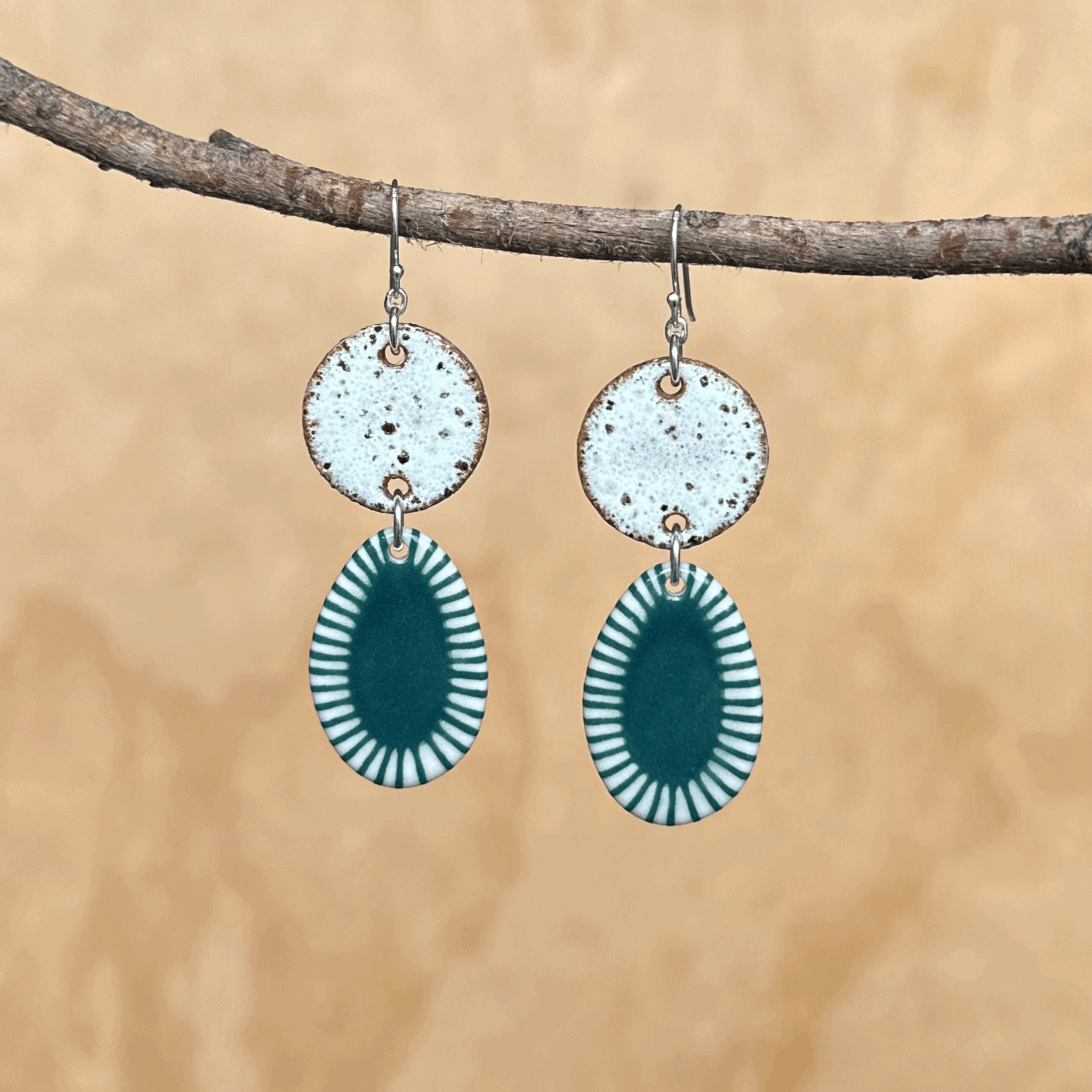 Ceramic Earrings, Green Striped Drops